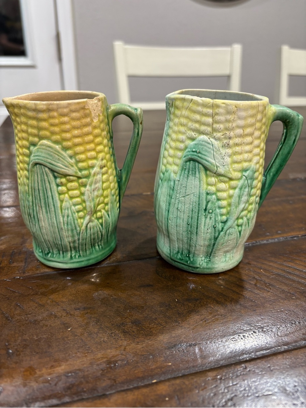 Majolica Pair of Mini Ceramic Corn Relief Pitchers- Very Old